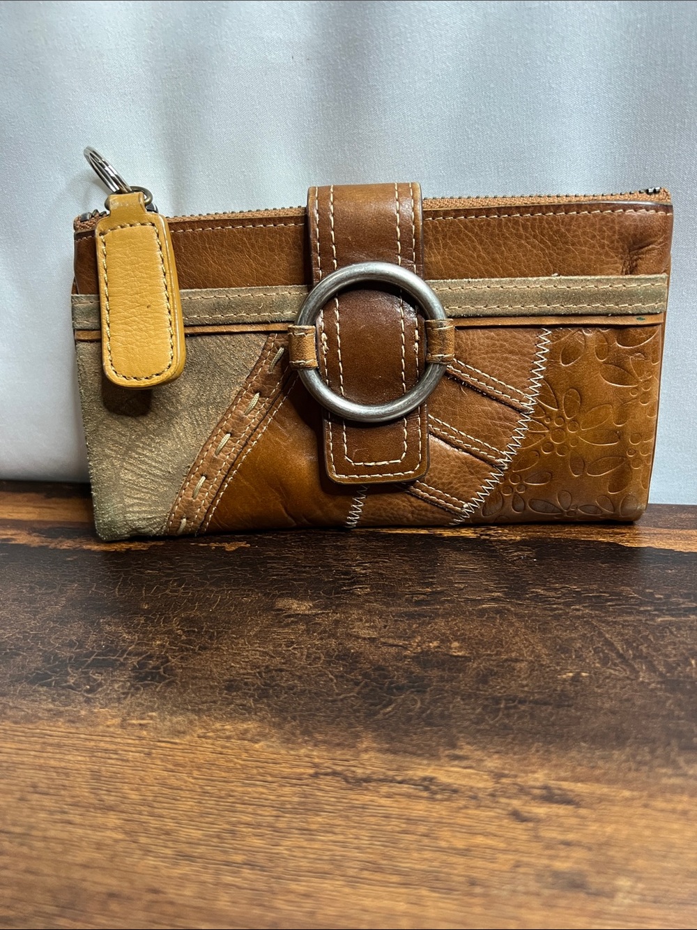 Fossil Patchwork Leather Wristlet Wallet in Brown and Tan